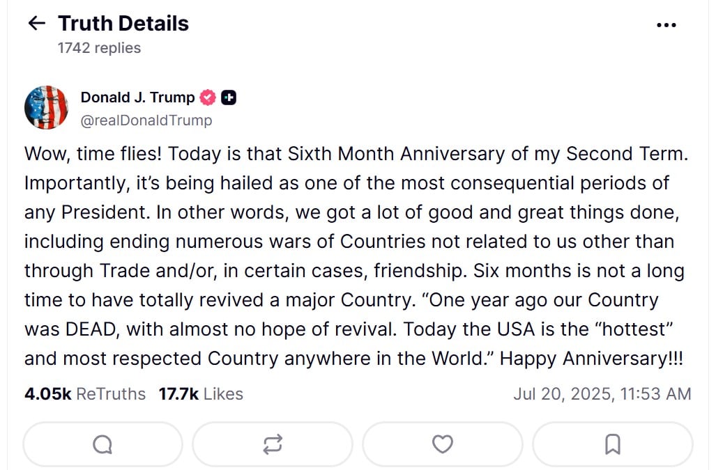 Scrinchot: Donald J. Trump / Truth Social